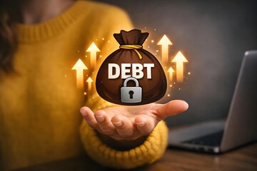 Debt concept. Financial crises and problems, risk management, debt exemption, loans. Person using laptop with debt icon on virtual screen.