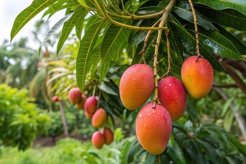 Obraz premium A tree with many ripe mangoes hanging from it