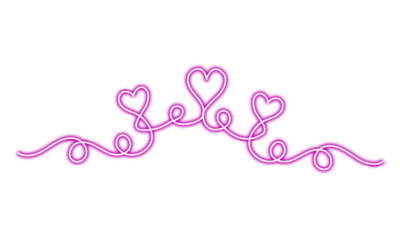 Glowing pink heart scroll divider for romantic designs and elegant decorative elements on transparent background.