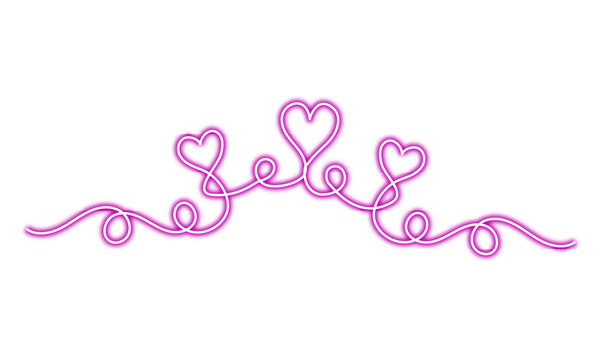 Glowing pink heart scroll divider for romantic designs and elegant decorative elements on transparent background.