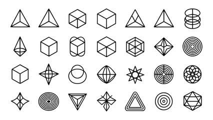 Collection of minimalist geometric and mathematical symbols and icons, clean outline style, on white background, abstract shapes