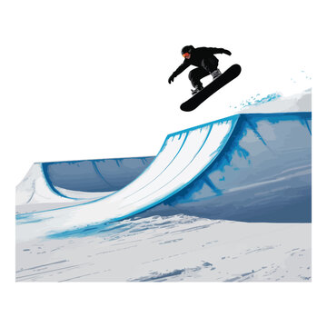Snowboarder performing trick on snow halfpipe, winter sport with snow, slopes and blue for winter holidays up to 200 characters for global microstock