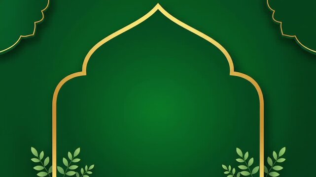 A green Ramadan frame with gold accents and leafy decorations on a dark green background, featuring a central archway design.