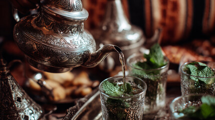 Close-up of a silver teapot pouring Moroccan mint tea into decorated glass tumblers, concept of hospitality and traditional culture