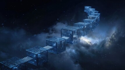 Futuristic cubes path across starry nebula
