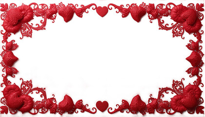 A red lace frame with hearts on a black background on transparent background