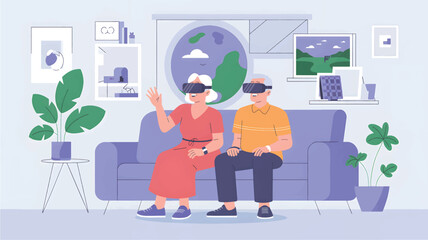An elderly couple sitting on a couch using virtual reality headsets with a globe and a landscape