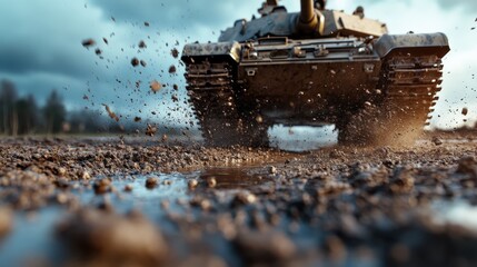 A dynamic shot of a military tank's tracks in motion, kicking up mud and water, emphasizing strength and resilience amid an intense outdoor environment.
