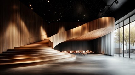 This elegant modern staircase, made of smooth wood and ambient lighting, creates an inviting atmosphere within a contemporary architectural space and embodies sophistication and style.