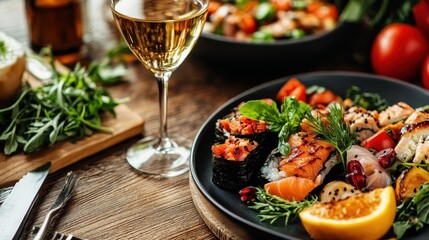 A vibrant sushi platter beautifully arranged with fresh ingredients, paired with a glass of wine, showcasing a gourmet dining experience filled with flavor and elegance.
