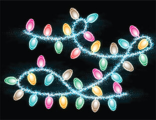 Colorful String Lights Glowing on Dark Background, Festive Holiday Decoration