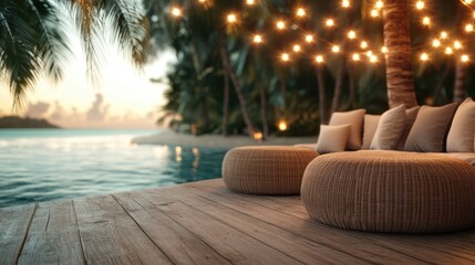 Obraz premium A picturesque outdoor space featuring cozy seating surrounded by palm trees and twinkling lights, perfect for relaxation and enjoyment of nature's beauty during sunset.