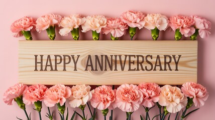 Happy anniversary greeting with pink flowers arrangement
