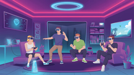 A group of people playing virtual reality games in a futuristic room with VR headsets and controllers © srdesignhouse