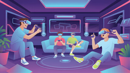 A group of people playing virtual reality games in a futuristic room with VR headsets and controllers  © srdesignhouse