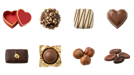Gourmet chocolate candy set including truffles, heart pralines, hazelnut sweets, cocoa beans, and gift box isolated. Luxury confectionery and valentine collection.