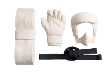 Martial Arts Gear Display: A comprehensive array of essential martial arts gear lies in a studio. The objects are displayed with attention to detail. 