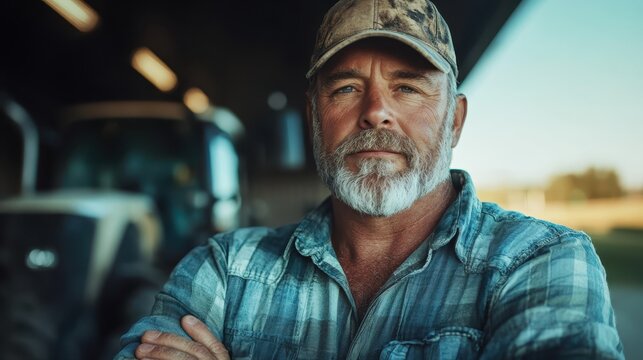 The image features a rugged farmer standing confidently in front of his tractor in a barn, showcasing the strength and diligence associated with agricultural life and dedication.