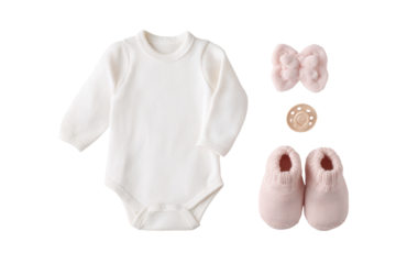 Nursery Essentials: A delicate ensemble of baby apparel, thoughtfully arranged with a bodysuit, bow, pacifier, and shoes, capturing the essence of childhood.