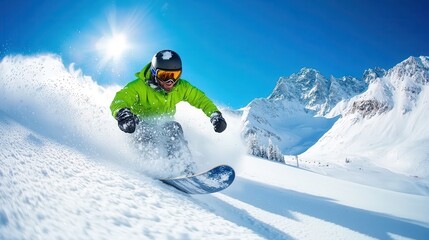 A thrilling action shot of a snowboarder in bright gear carving through fresh snow under a brilliant blue sky, capturing excitement and the joy of winter sports.