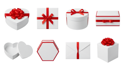White gift box set including heart, square, round, hexagon, envelope, and cube shapes with red ribbon bows isolated. Holiday presents and romantic packaging collection.