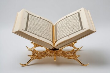 Ornate gilded stand elevates an open sacred text with Arabic script against a plain background
