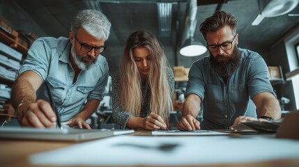 A dynamic scene capturing a creative team engaged in collaboration and brainstorming, focusing intently on their sketches and work at a stylish modern workspace.