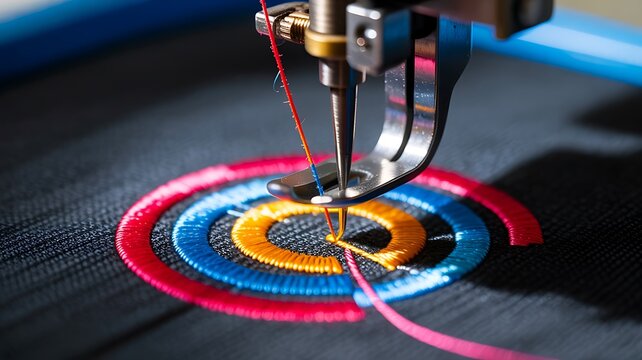 Industrial embroidery machine stitching colorful textile pattern
