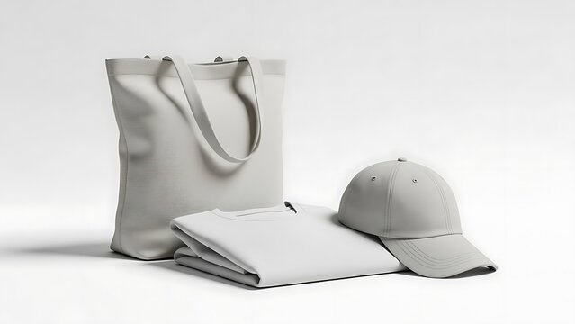 A tote bag, t-shirt, and baseball cap arranged neatly on a clean white surface, showcasing apparel and accessories.
