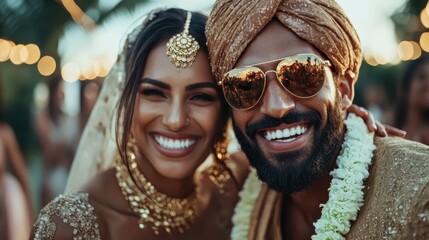 A happy couple dressed in traditional wedding attire celebrates blissfully at their wedding ceremony, radiating love and joy in a beautifully decorated venue.