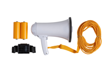 Megaphone essentials: A detailed studio shot of a white megaphone, complete with a strap, power cells, and a coiled rope, creating a versatile and functional communication tool.