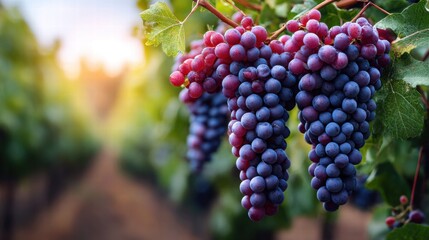 Close-up of ripe purple grapes hanging on the vine in a vineyard.