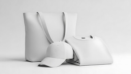 Blank white tote bag, t-shirt, and baseball cap product mockup for branding and design