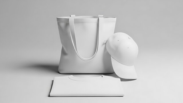 Blank white apparel collection featuring a foldable t-shirt, casual baseball cap, and reusable tote bag for custom branding and merchandising mockups, perfect for design presentation