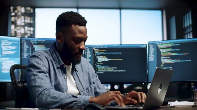 African american male programmer developer coding software data dashboard laptop computer business office technology digital network system security analysis visualization screen interface