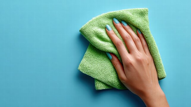 Woman's hand holding a green microfiber cloth against a blue background.