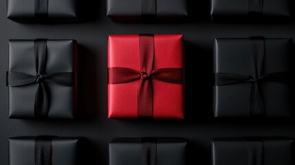 A vibrant red gift box stands out amidst a collection of elegant black-wrapped packages, creating a visually striking scene that symbolizes celebration and special occasions.