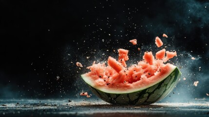 A mesmerizing shot of a watermelon exploding, sending pieces flying amidst smoke and dust, highlighting the explosive nature of fruit and the beauty of action photography.
