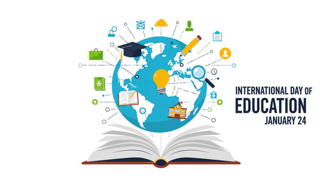 Graphic illustration of an open book with a globe on top surrounded by education-related icons for International Day of Education.