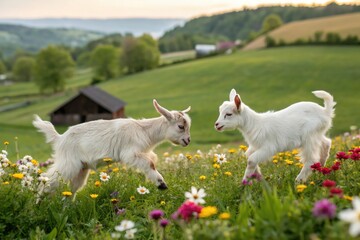 Obraz premium Two baby goats playing in a field of flowers