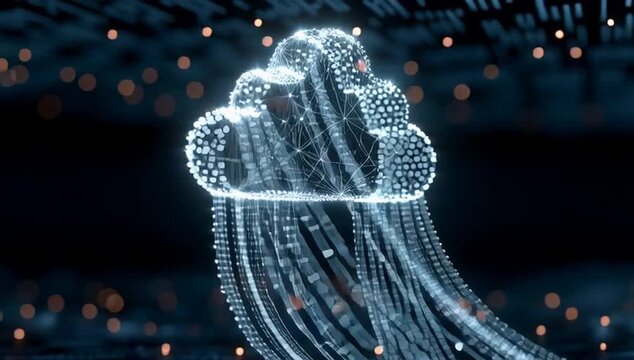 digital cloud icon surrounded by glowing connections, representing virtualized and scalable cloud computing in data center technology, with code lines on dark blue background Generative AI