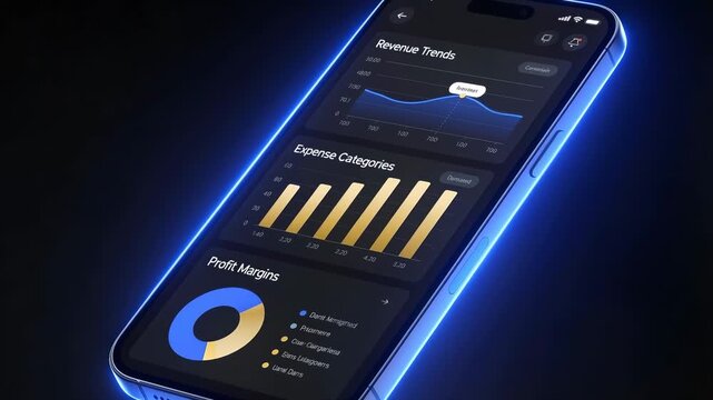 Revenue trends and expense categories displayed on smartphone financial application. Zoom in shot of mobile dashboard with blue neon glow.