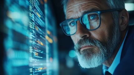 A thoughtful programmer with glasses intensely examines code on a screen, embodying the concentration and problem-solving required in software development and tech innovation.