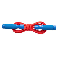 A red jump rope with blue handles tied in a knot on a transparent background