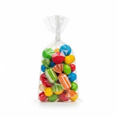 A clear plastic bag filled with colorful assorted candies on a white background