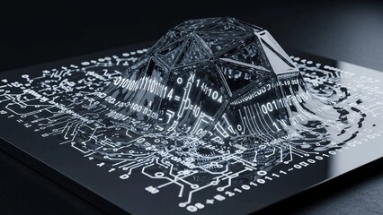 A futuristic 3D rendering of a mountain with circuit board and binary code design