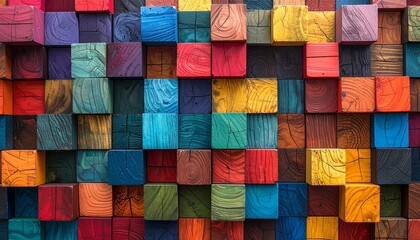 Colorful wooden cubes arranged in a grid pattern with visible wood grain, creating depth, texture, and vibrant geometric repetition.