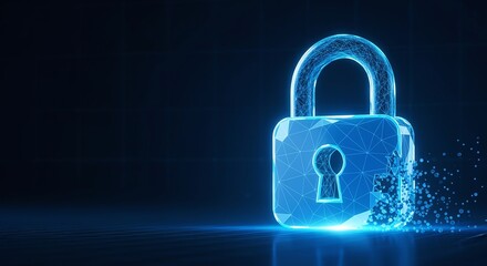 Abstract digital padlock illustration with glowing blue light effects against a dark background, symbolizing security and data protection in the digital age