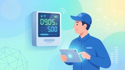 Digital illustration of a person checking an electric meter, smart meter with glowing numbers, clean flat design, modern style, soft gradient background, technology theme