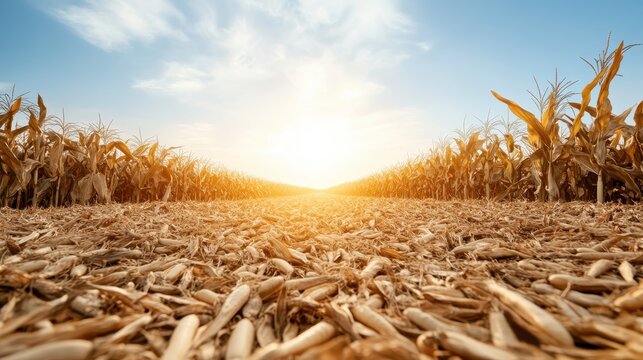 The image showcases a stunning sunset over a golden cornfield, highlighting the rich texture of harvested crops against a vivid sky filled with warm colors.